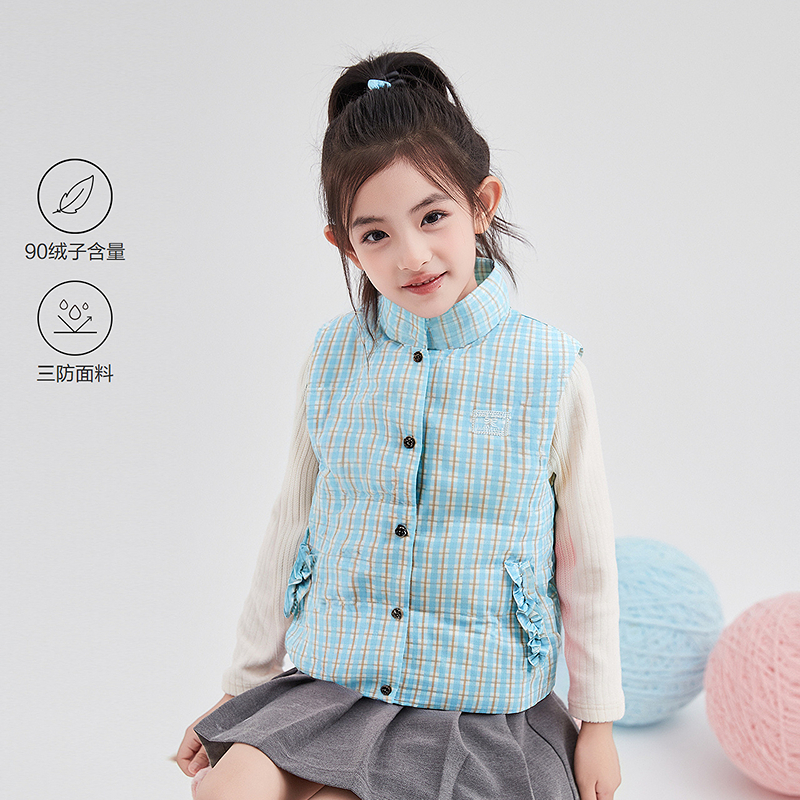 笛莎童装女童马甲秋冬新款中童女孩宝宝保暖外穿格纹