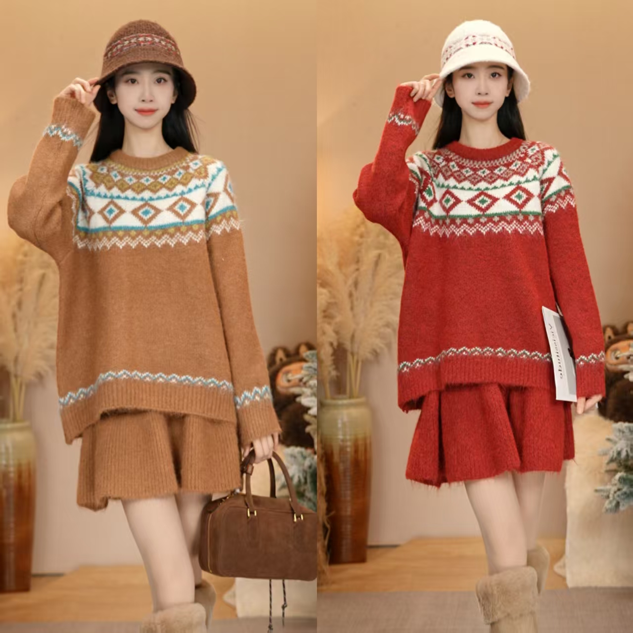 唐乐乐｜25new新款轻奢复古显瘦慵懒风上衣+半身裙+围巾套装BF2598