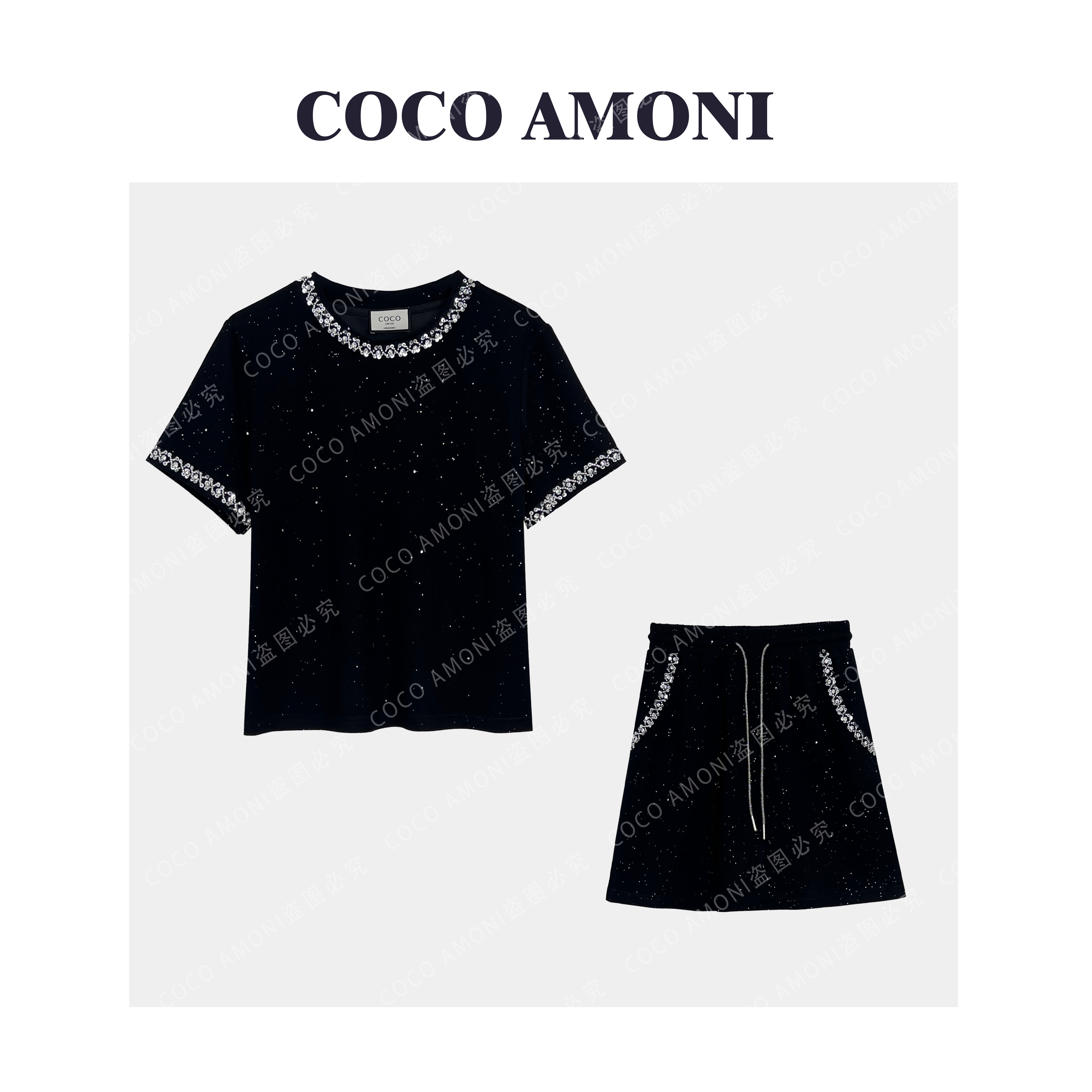 夏日轻奢休闲时尚爆款两件套重工满天星高级感气质套装ZC277