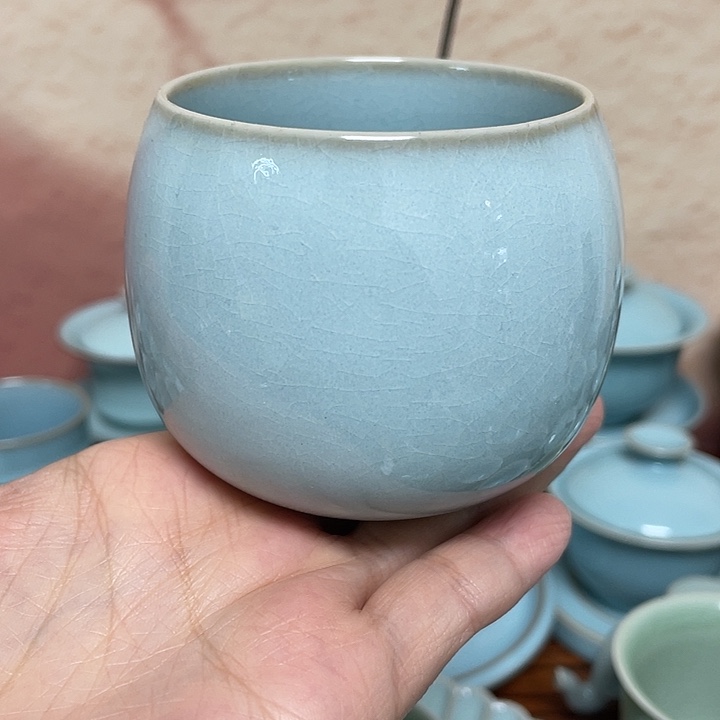 杯子天青大圆融杯蝉翼纹有瑕