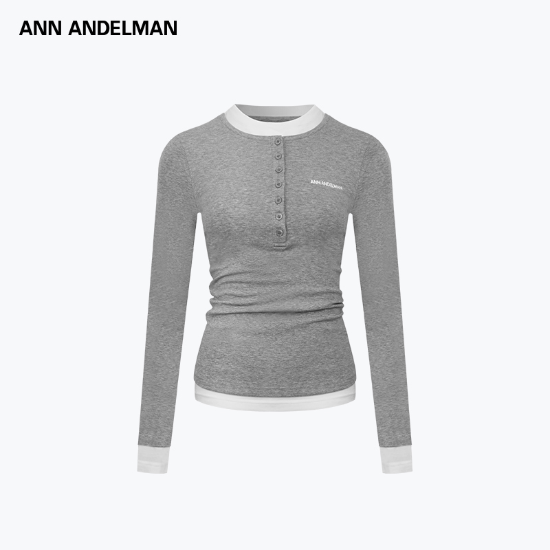 ANN ANDELMAN 2025新款假两件内搭修身半开衫毛针织拼色打底衫