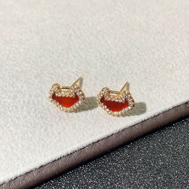 铜合金合成锆石耳饰 铜合金耳饰新年红色玫瑰金色锁耳钉R00109
