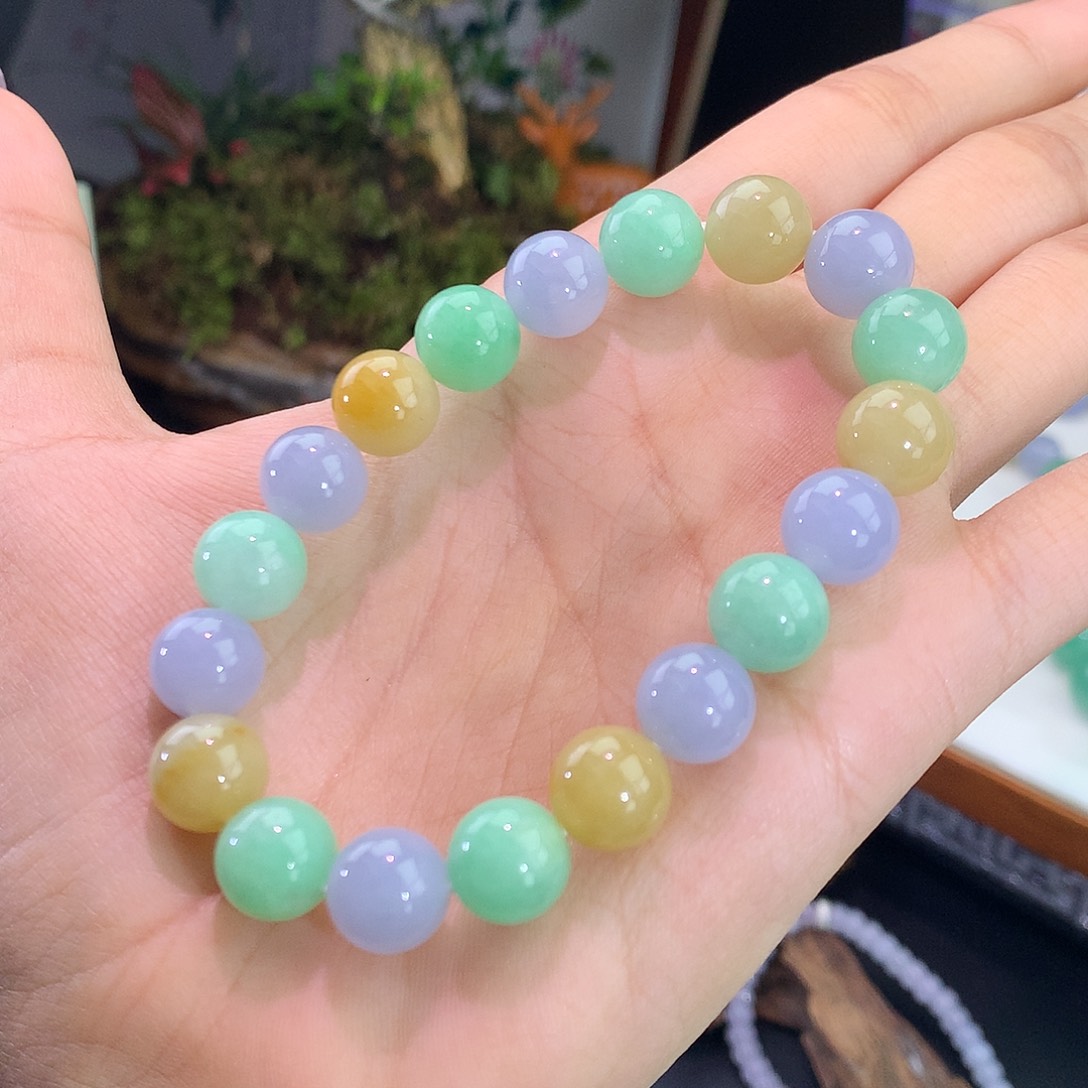 翡翠未镶嵌手链三彩多宝手串