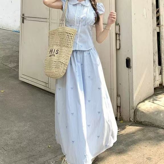9501蓝色条纹娃娃领衬衫半身裙套装文艺春夏法式