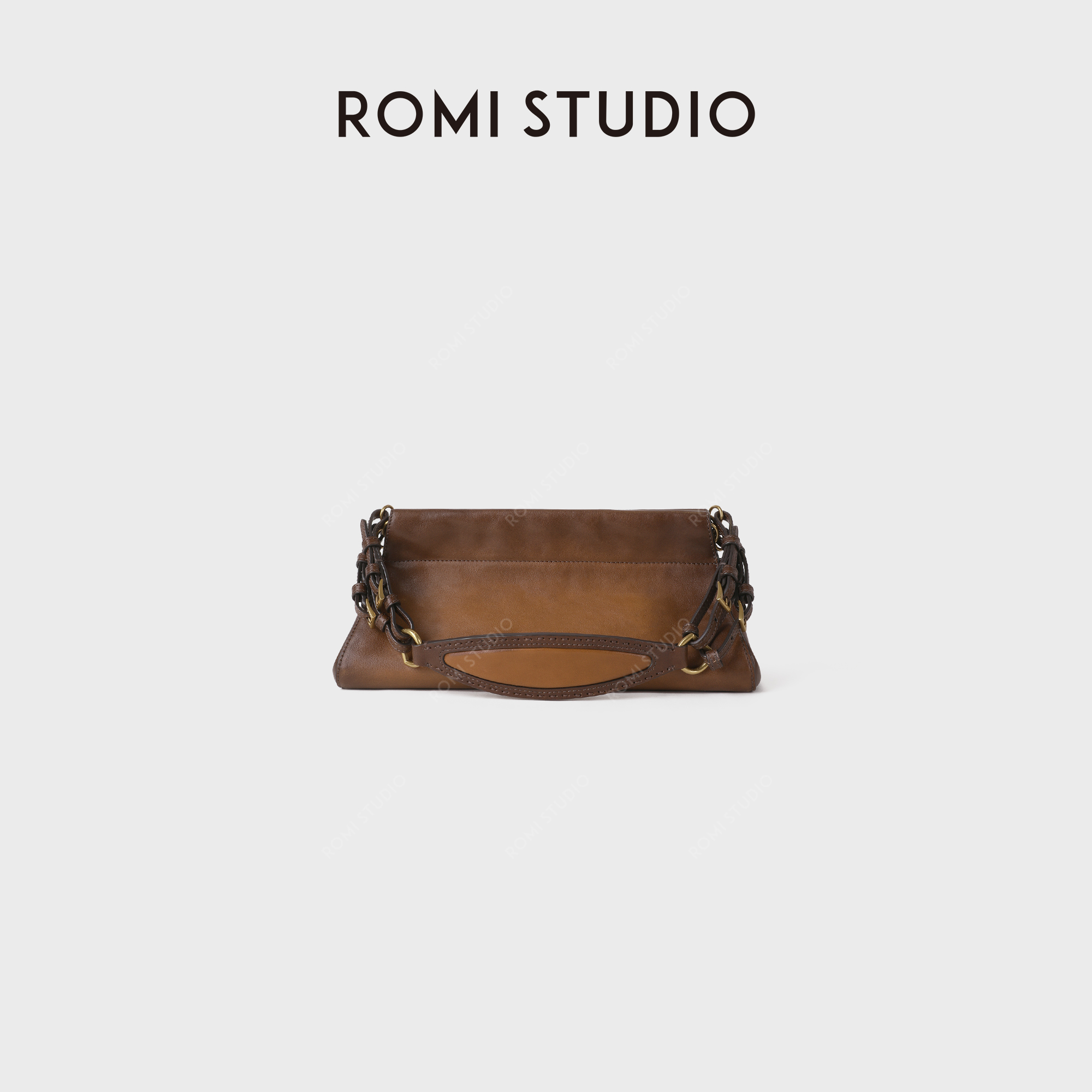 ROMI STUDIO“手工擦色”水染头层小牛皮复古棕色单肩包RWDLP33028