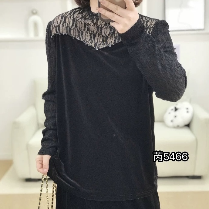【芮娜依莲】26春季新款重工欧货丝绒蕾丝衫-5466