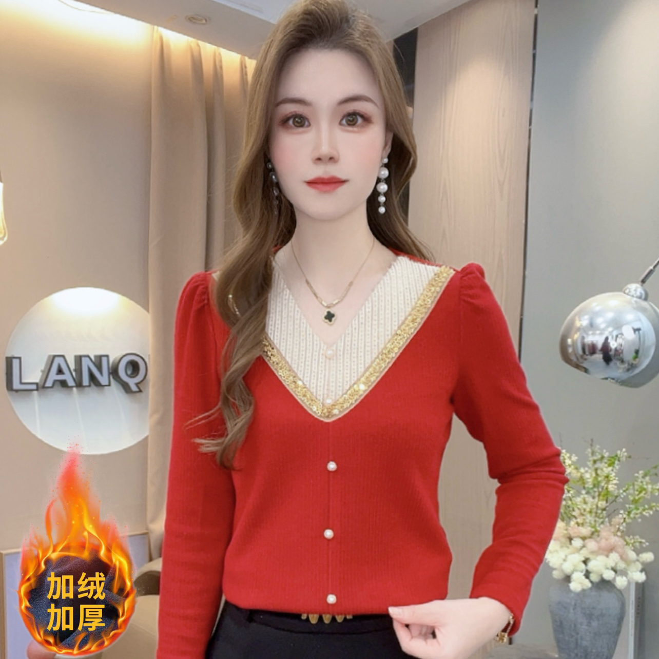 A9297法式通勤气质长袖T恤假两件冬季新款撞色小众减龄上衣