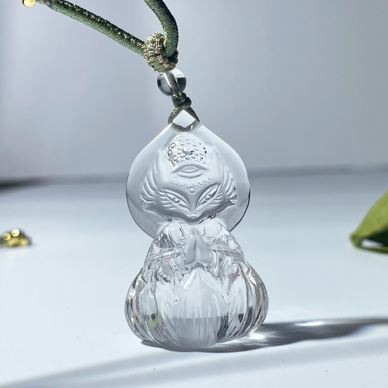 （白莲花）天然白水晶狐狸吊坠莲花九尾狐官方旗舰店正品抖音基地