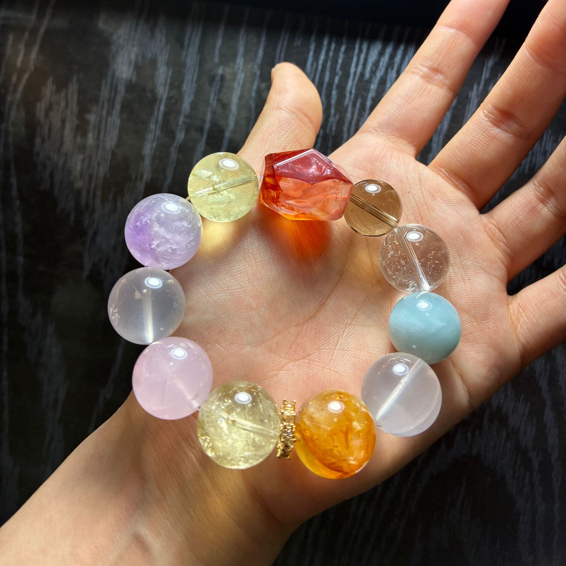 天然水晶手串大颗多宝紫水晶海蓝宝红胶花单圈卡17mm