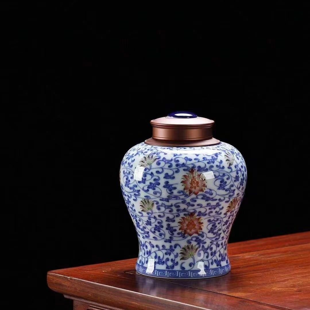 缠枝莲茶叶罐仿古复古风茶叶罐复古中国风陶瓷中式青花落地式