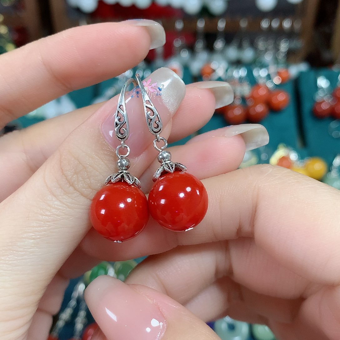 玛瑙/玉髓耳饰银S925镶嵌天然红玛瑙12mm左右（锦红）