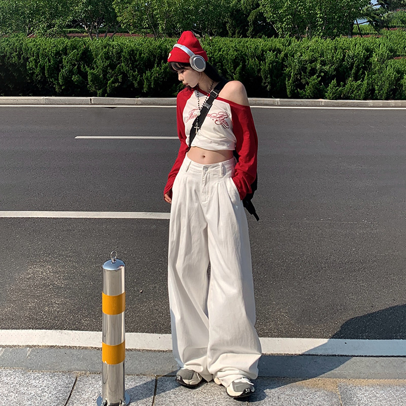 JWUW秋季新款白色纹理透气阔腿牛仔裤女宽松直筒垂感拖地长裤子