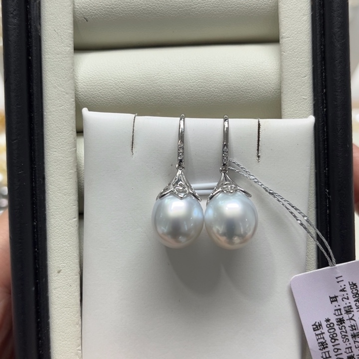 海水珍珠上新澳白霸王花盖帽耳钩11-12mm银S925镶嵌