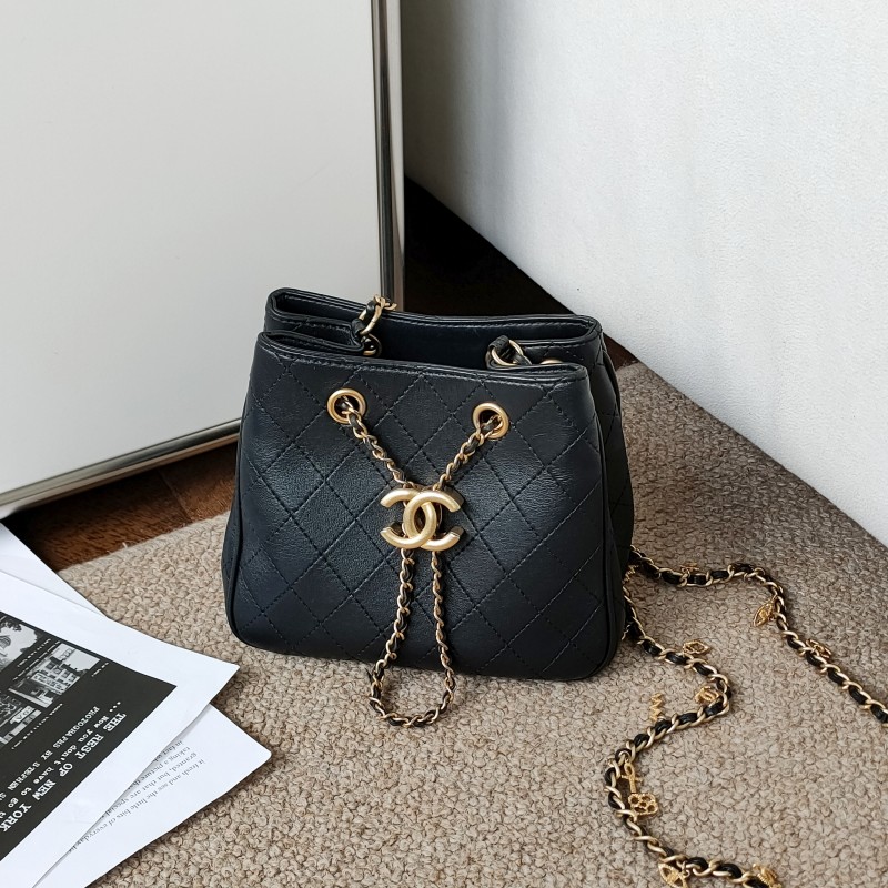 95新 Chanel/香奈儿 埃及系列黑金羊皮sac hobo mini水桶包54281