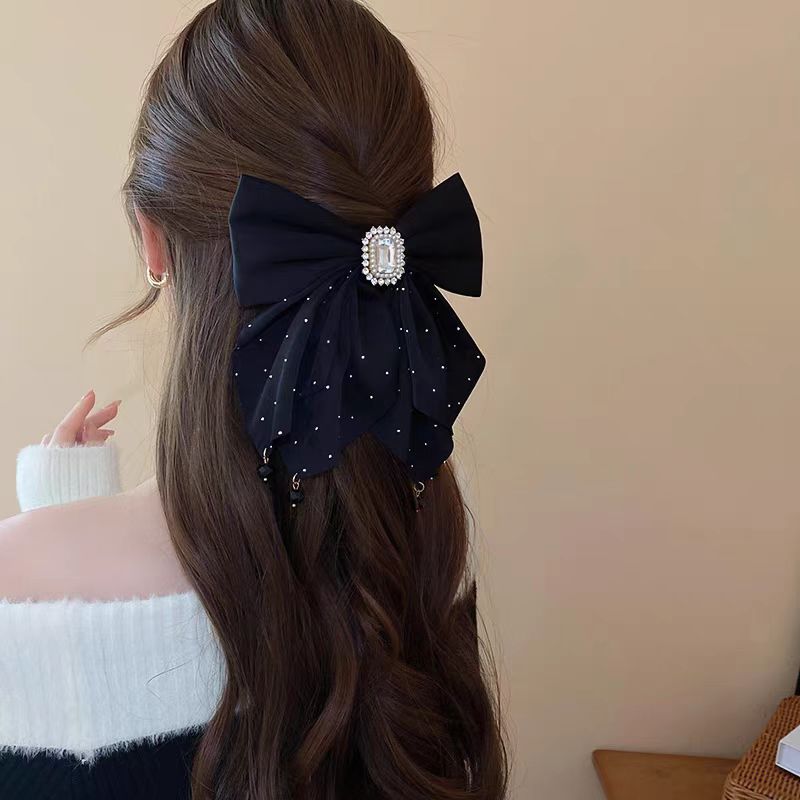 A黑色大号蝴蝶结头饰流苏弹簧夹新款发夹精致后脑勺满天星夹1035