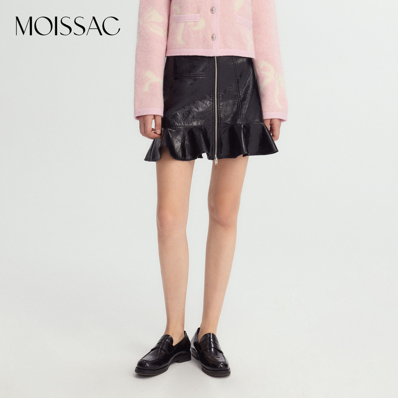 【蒋千金】商场同款 摩萨克冬甜美PU皮荷叶边拼接短款半身短裙女