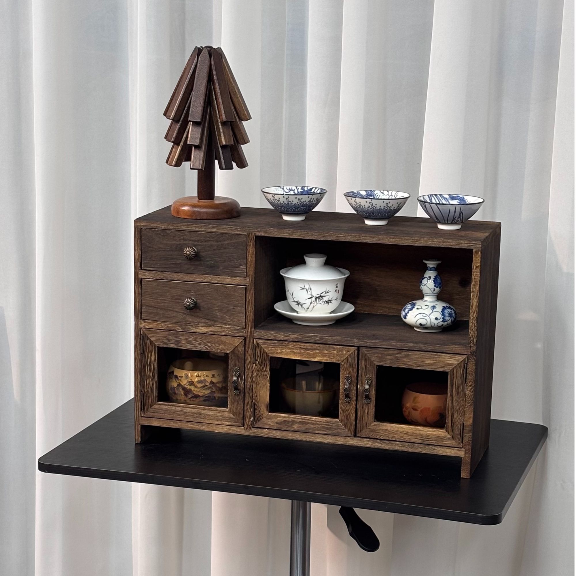 实木三抽多格收纳盒复古防尘客厅抽屉式木质1117