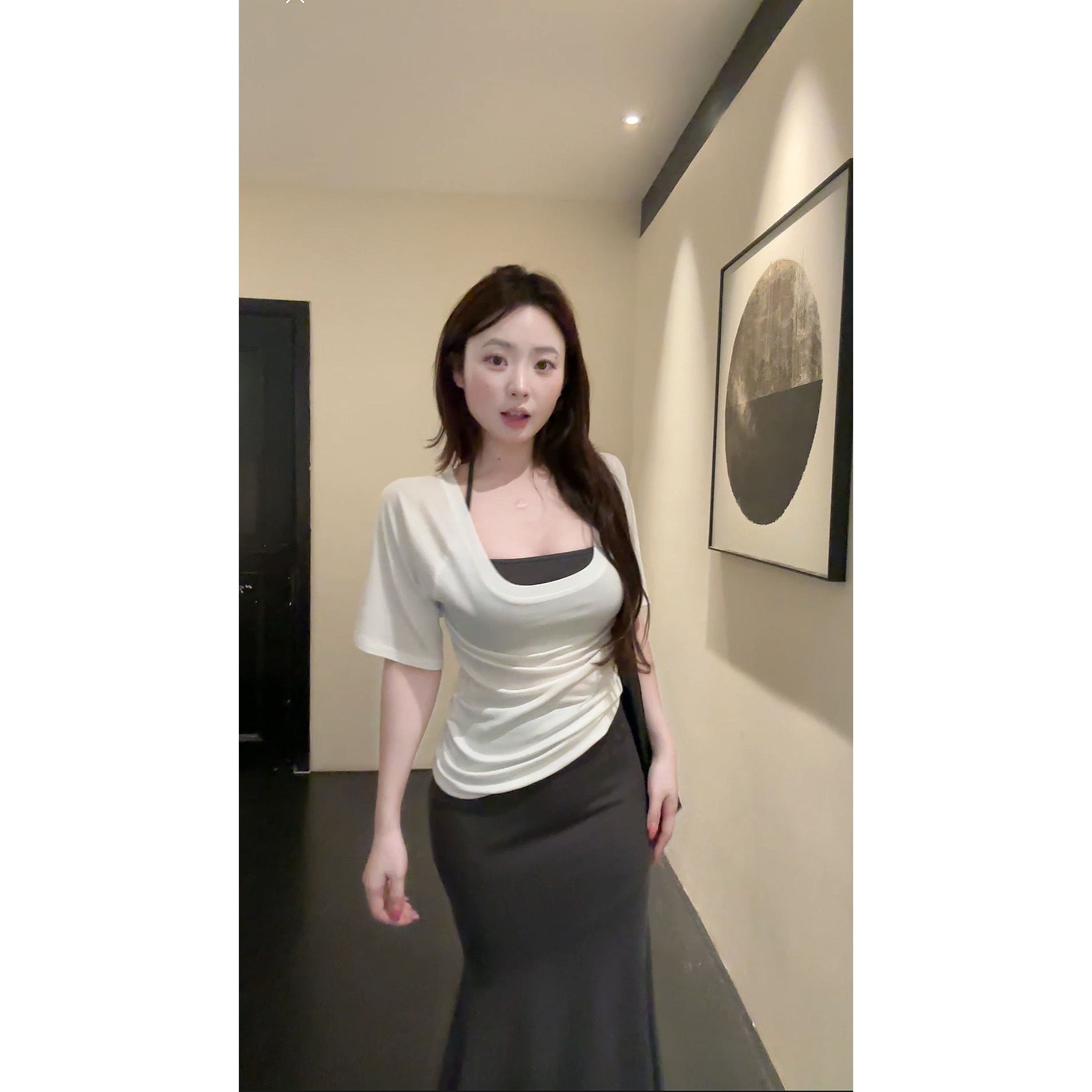 【HuiHui】（带胸垫）显瘦百搭T恤背心长裙套装U领小众（ P0001)