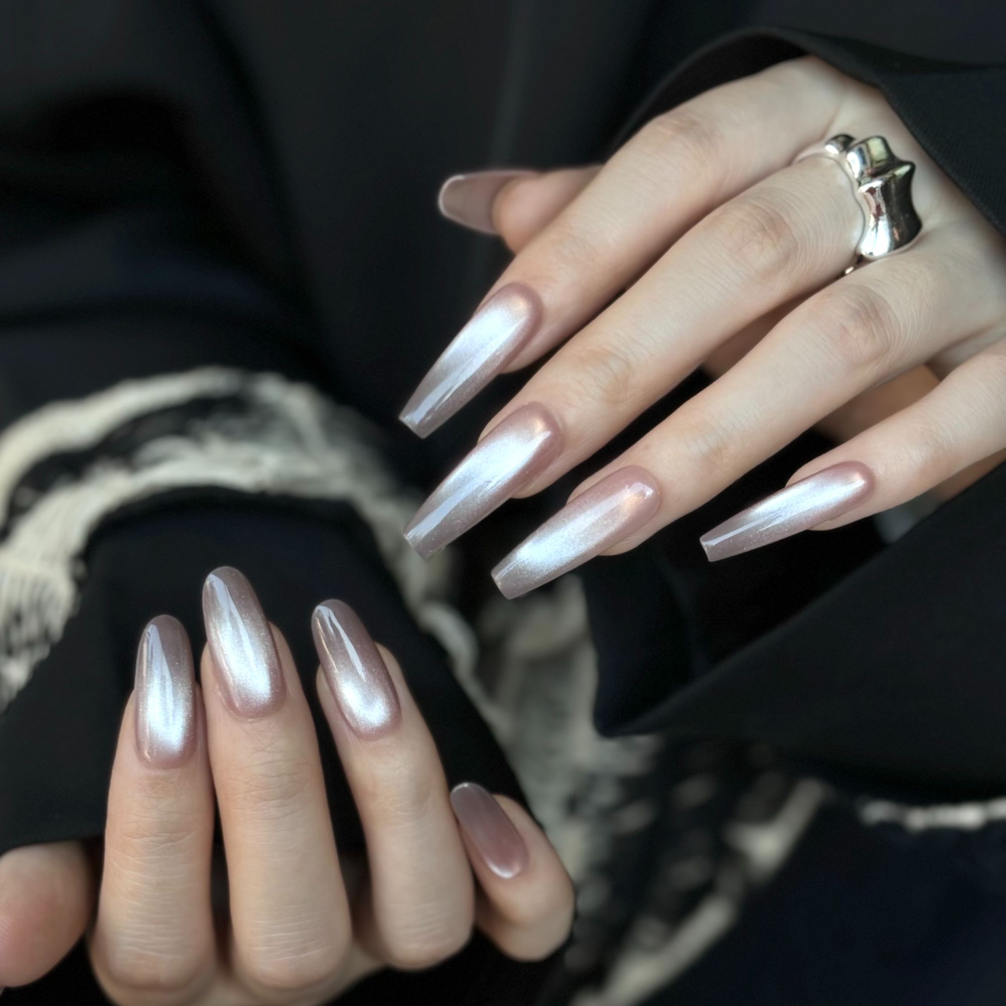 「S1873」粉灰渐变变色猫眼纯手工穿戴甲 18种甲型定制