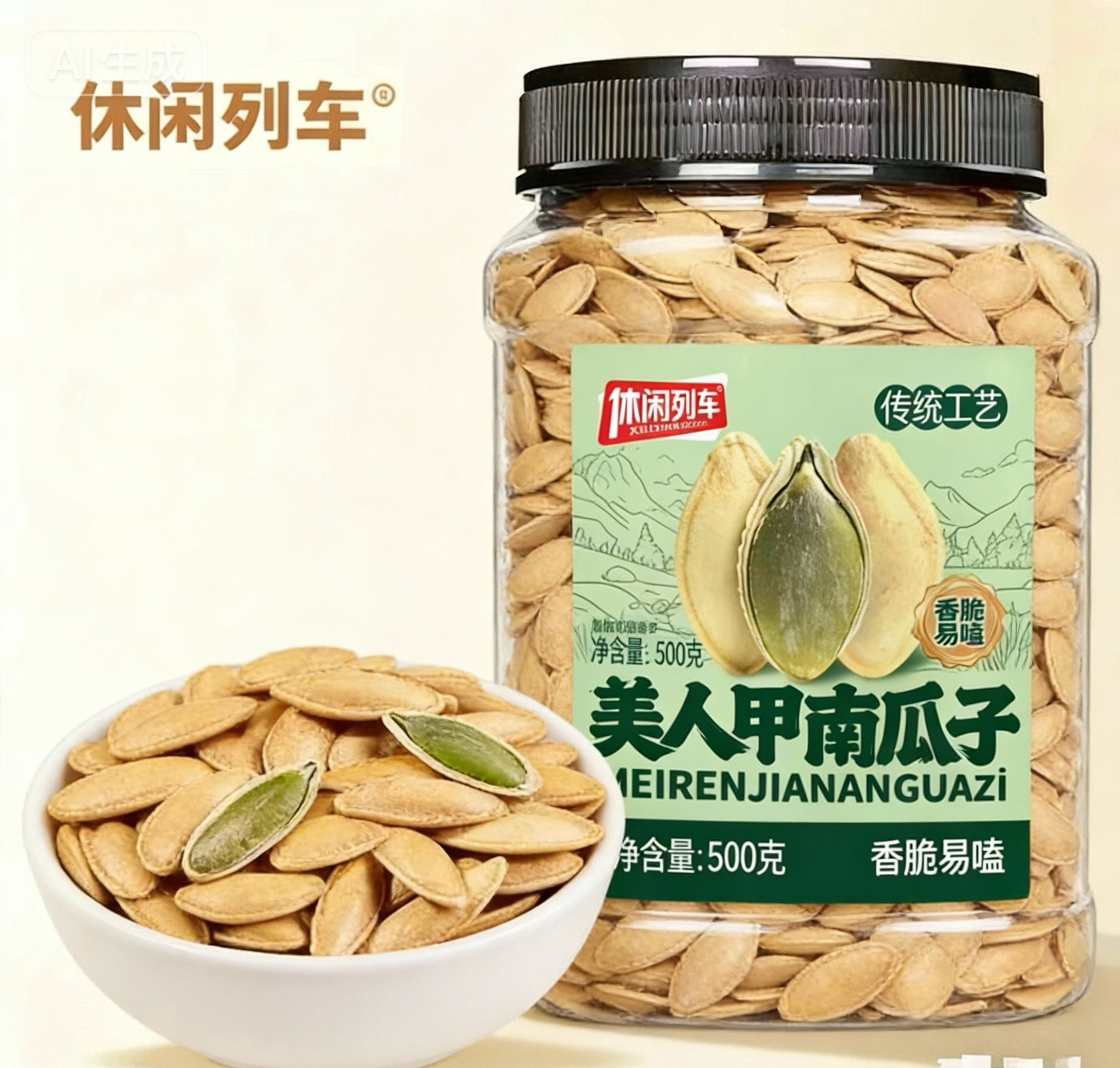 【休闲列车】新货大美甲南瓜子罐装长粒盐味带壳熟南瓜籽炒货零食品