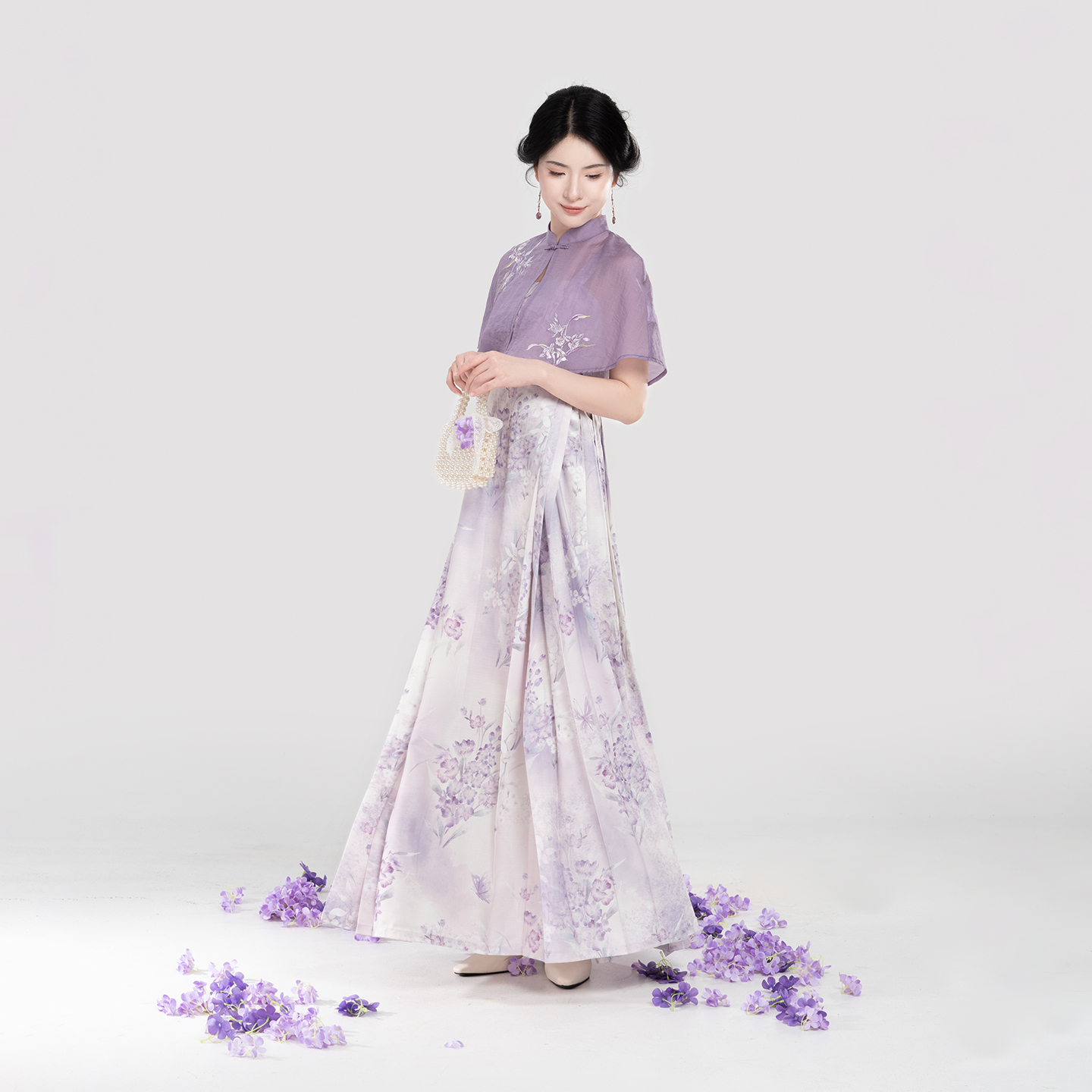 织造司[薰紫烟]新中式立领短披肩莱赛尔刺绣吊带连衣裙女（单拍）