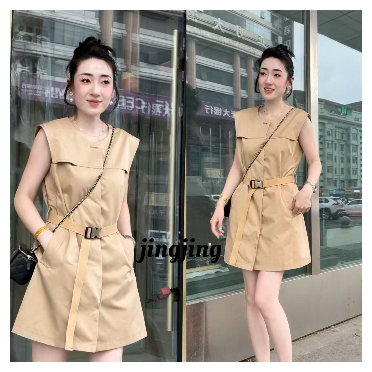 夏季新款休闲法式英伦风腰带连衣裙（9258）