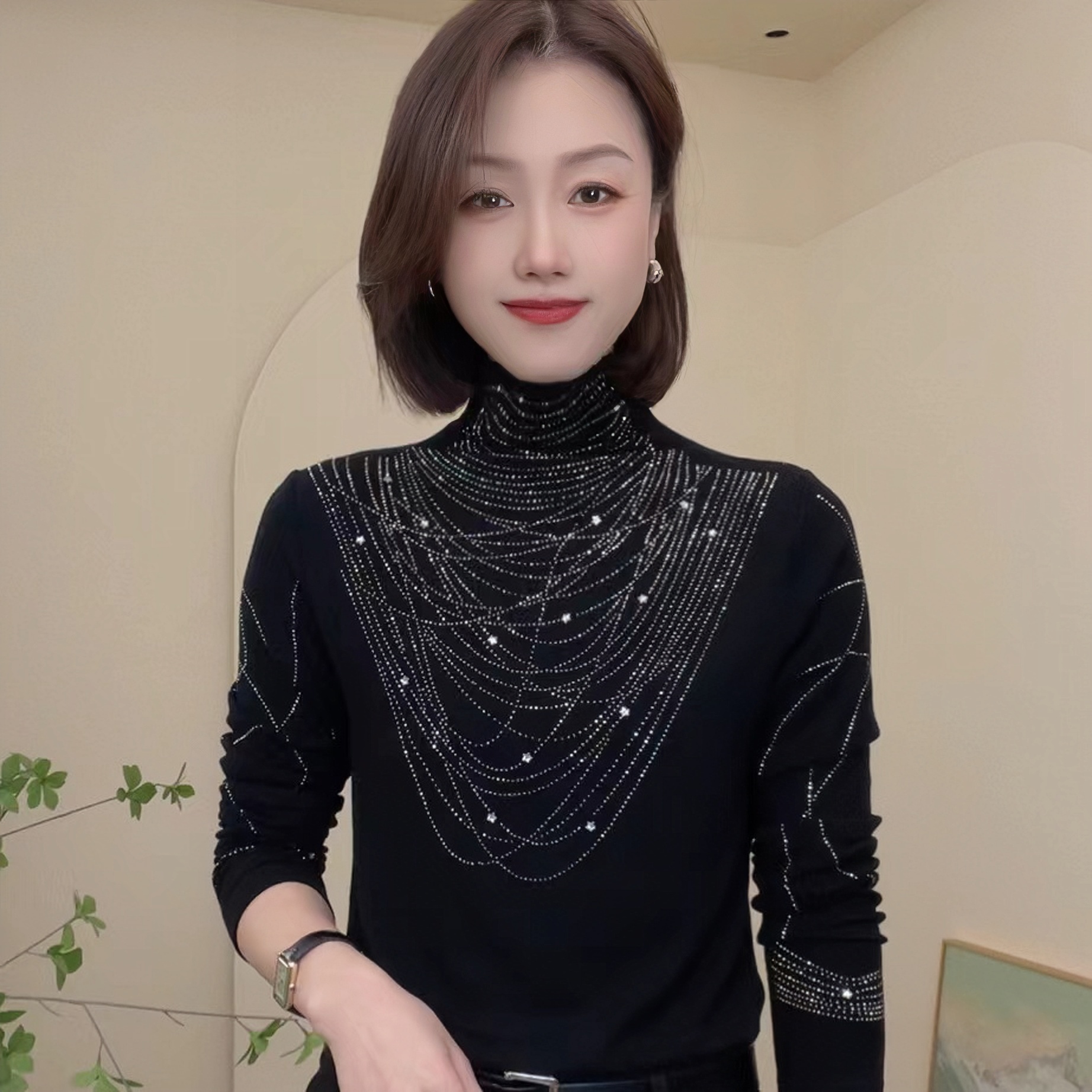 2025新款半高领百搭设计感洋气烫钻T恤时尚长袖气质简约女士小衫