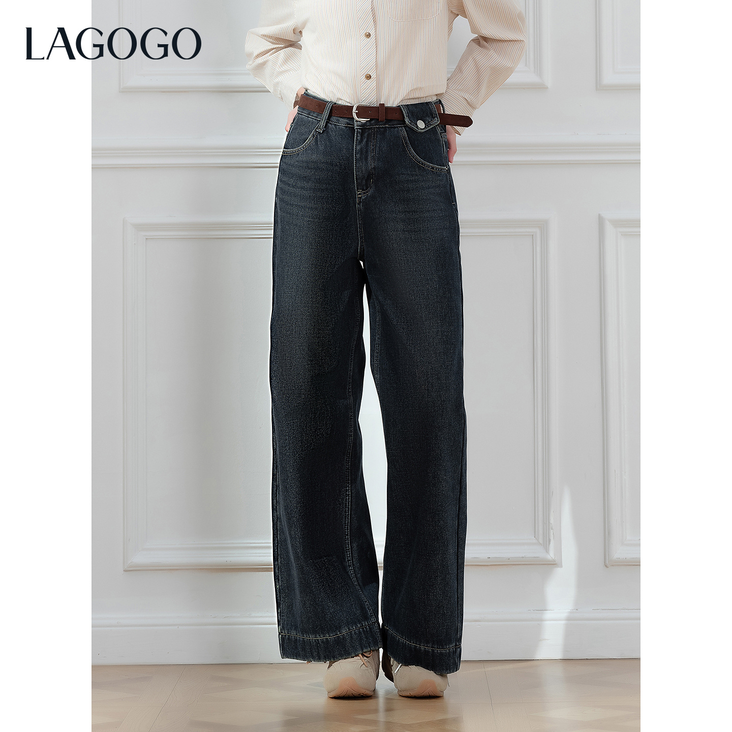 【晚晚专属】LAGOGO靛蓝漫行腰带阔腿牛仔裤女冬新款OCNN53XWR7