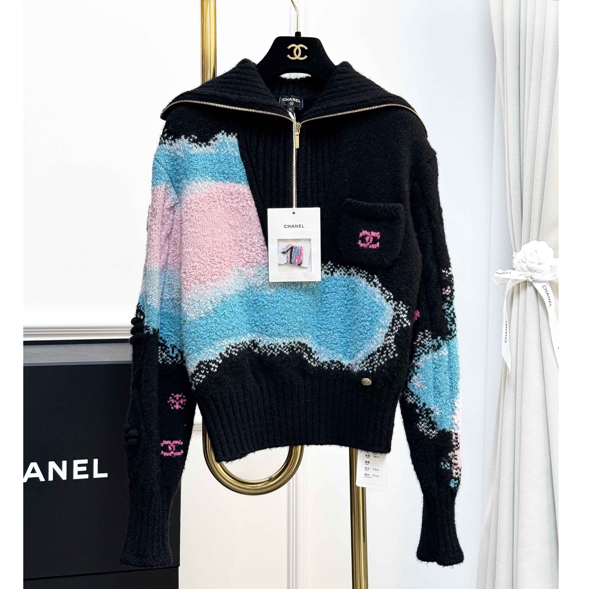 99新 Chanel/香奈儿 36码22N爆款蓝拼黑色5号拉链套头毛衣