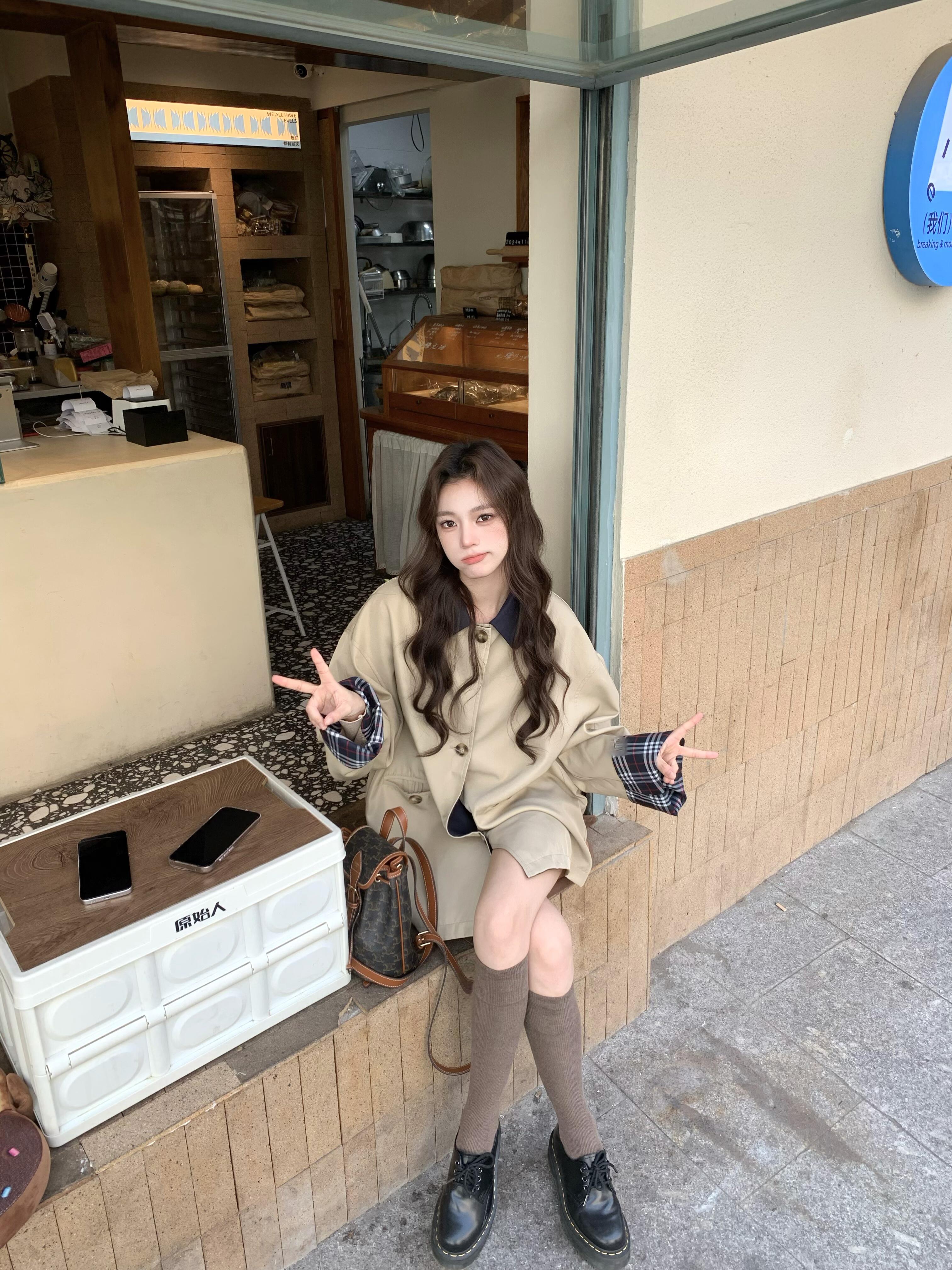 布达佩斯学院格纹卡其宽松风衣女小个子春秋韩系英伦撞色翻领外套