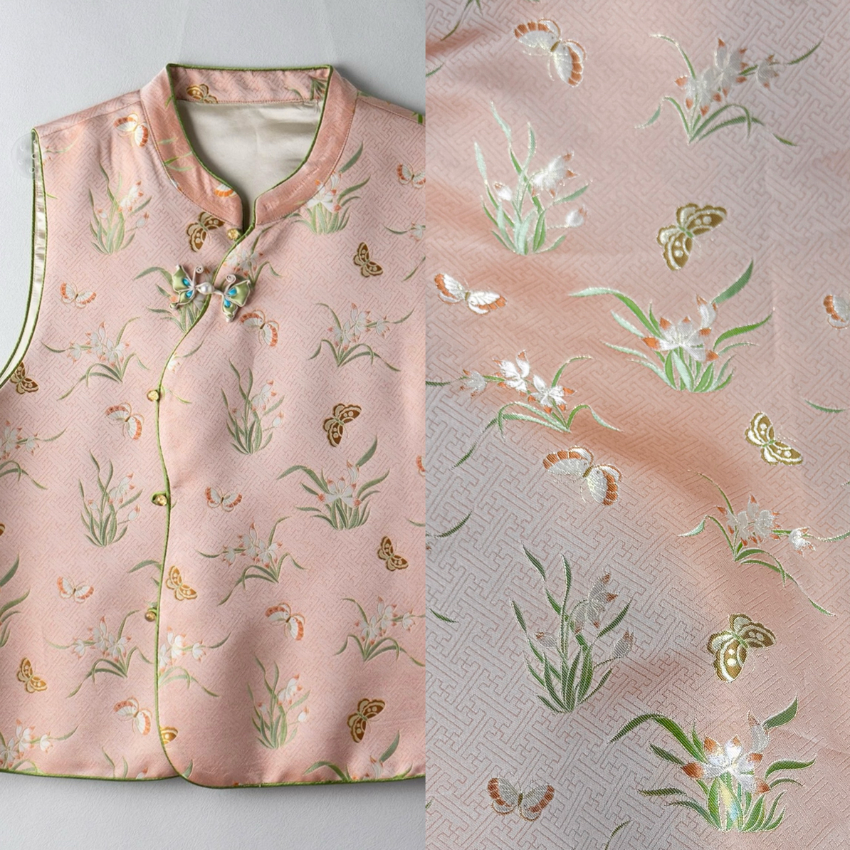 国风织金粉色蝴蝶兰花旗袍上衣外套马甲儿童棉衣旗袍面料布料