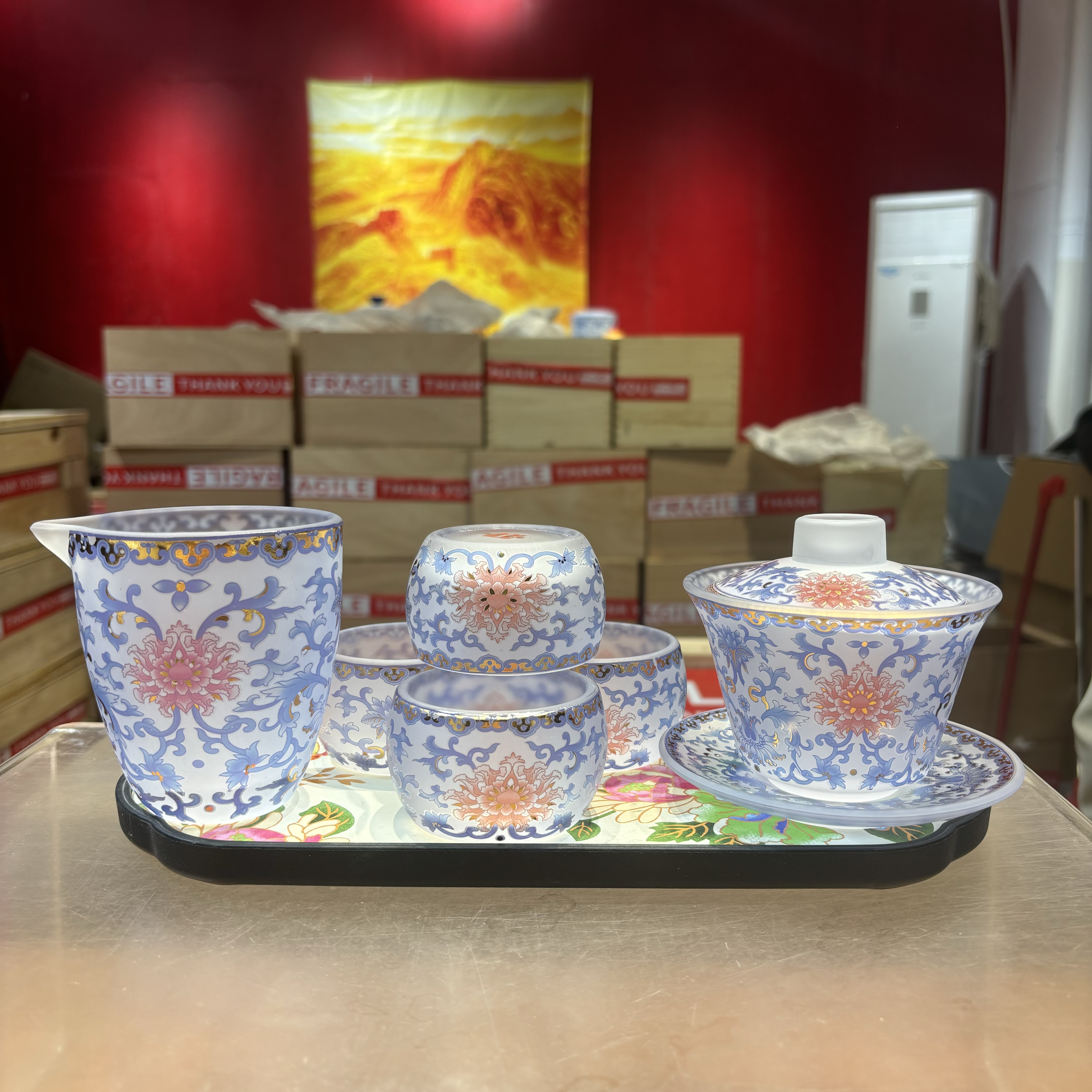 秋香茶具 古法琉璃缠枝莲三才盖碗+四·杯+公道杯防烫泡茶盖碗6328