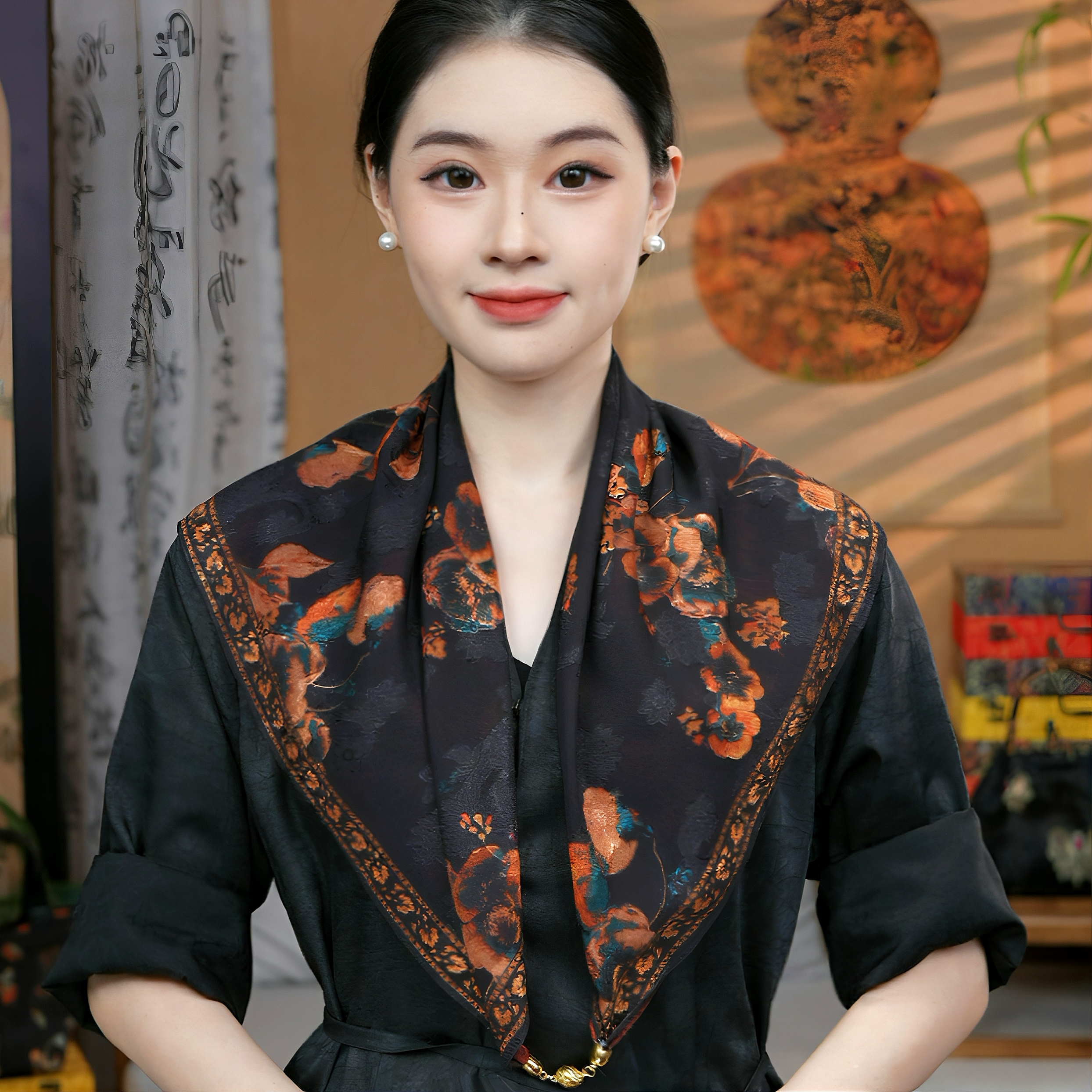 【70吸扣 木棉花开】70CM方巾洋气百搭围巾披肩外搭
