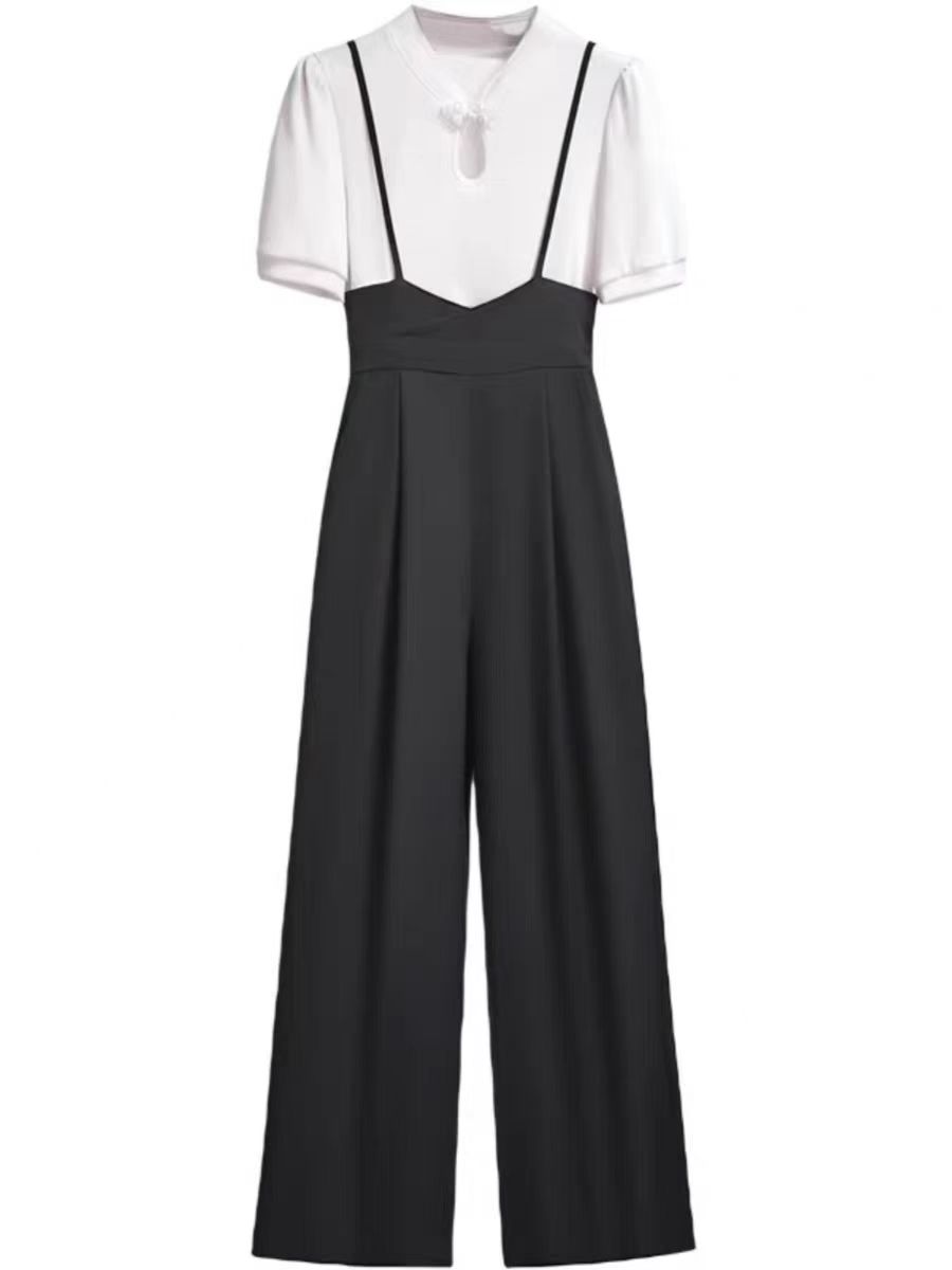 (01-60)高腰宽松显瘦背带阔腿裤女夏时尚垂感小个子百搭连体裤