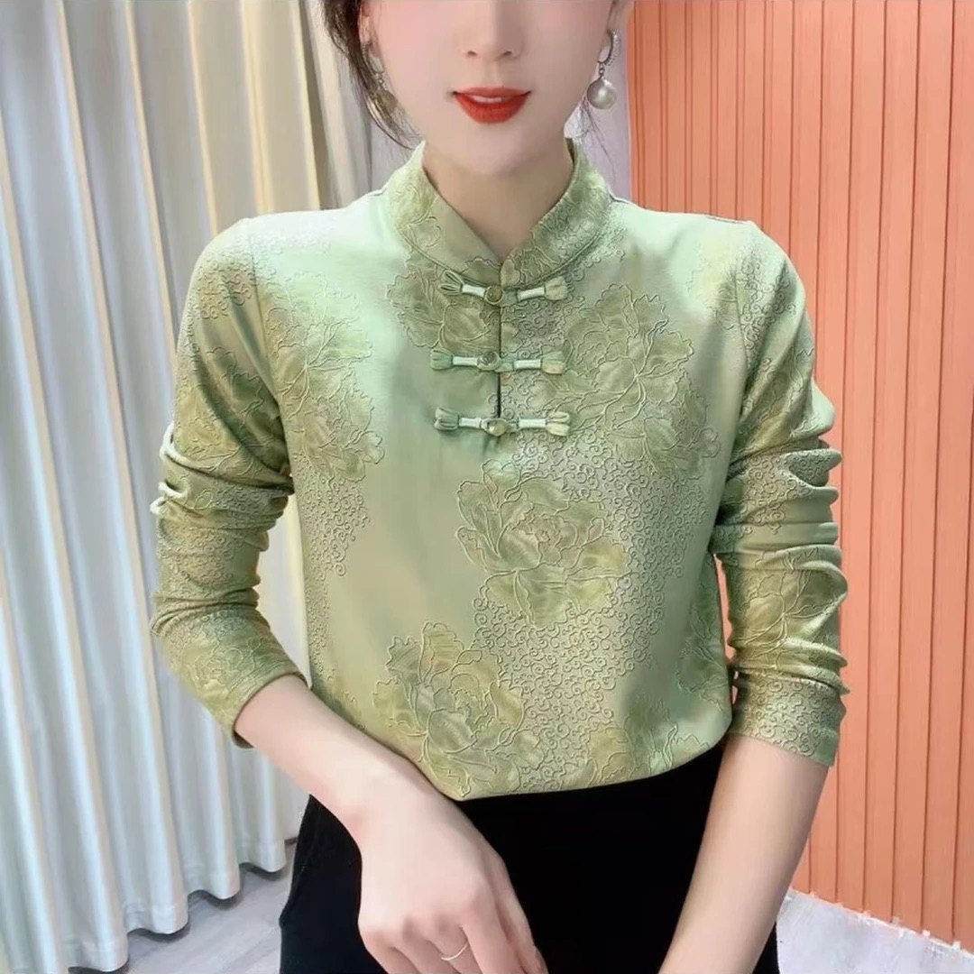 【国风款】2025新款秋冬长袖上衣百搭内搭保暖立领印花加绒打底衫女