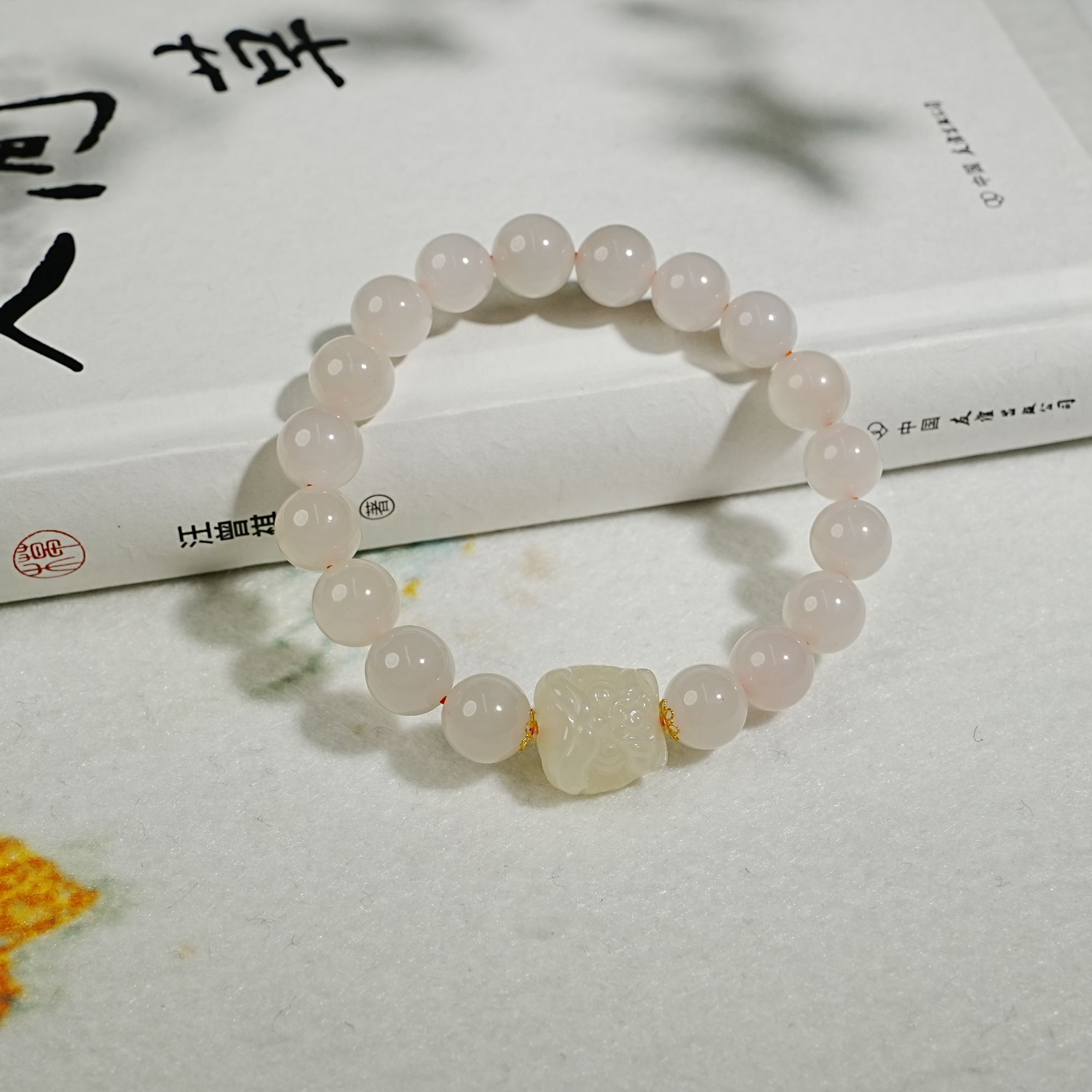 【睿泽&小池专属】18k和田玉藕粉醒狮手串 9-10mm KT0840020