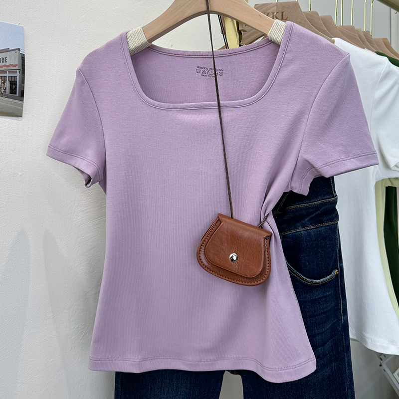 3231纯欲方领短袖t恤净色棉质新款甜辣显瘦基础款方领短袖上衣
