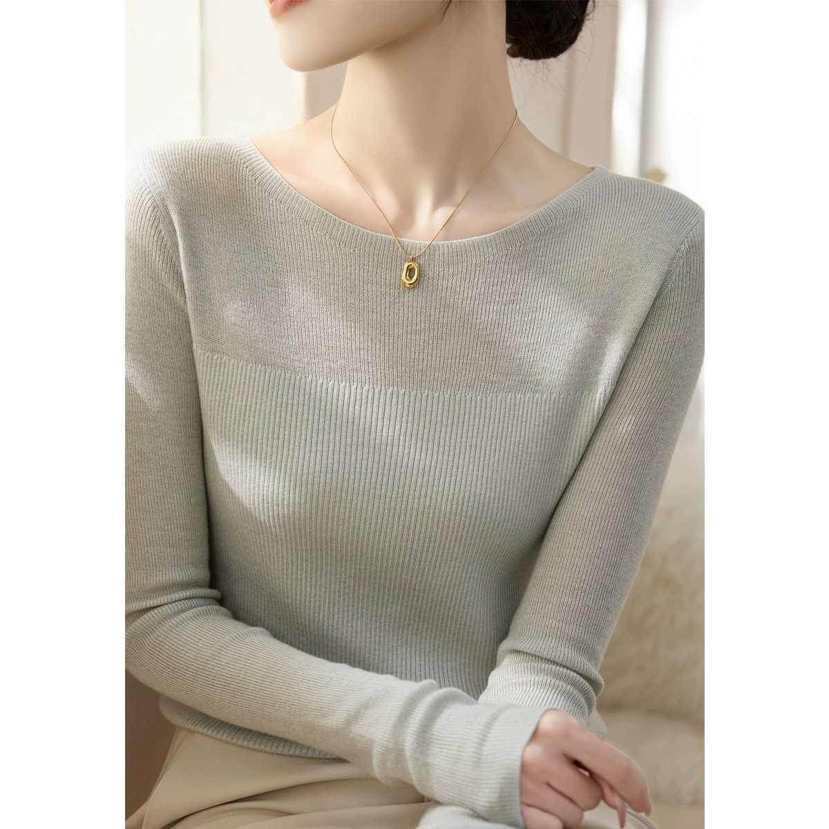 包芯纱新款长袖上衣女百搭纯色设计感一字领内搭打底针织衫