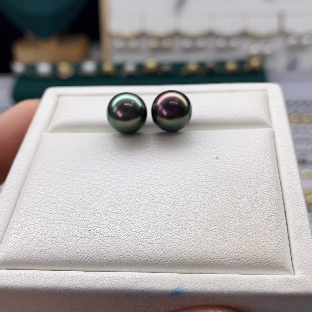 海水珍珠耳饰18K金镶嵌大溪地孔雀绿10-11m m