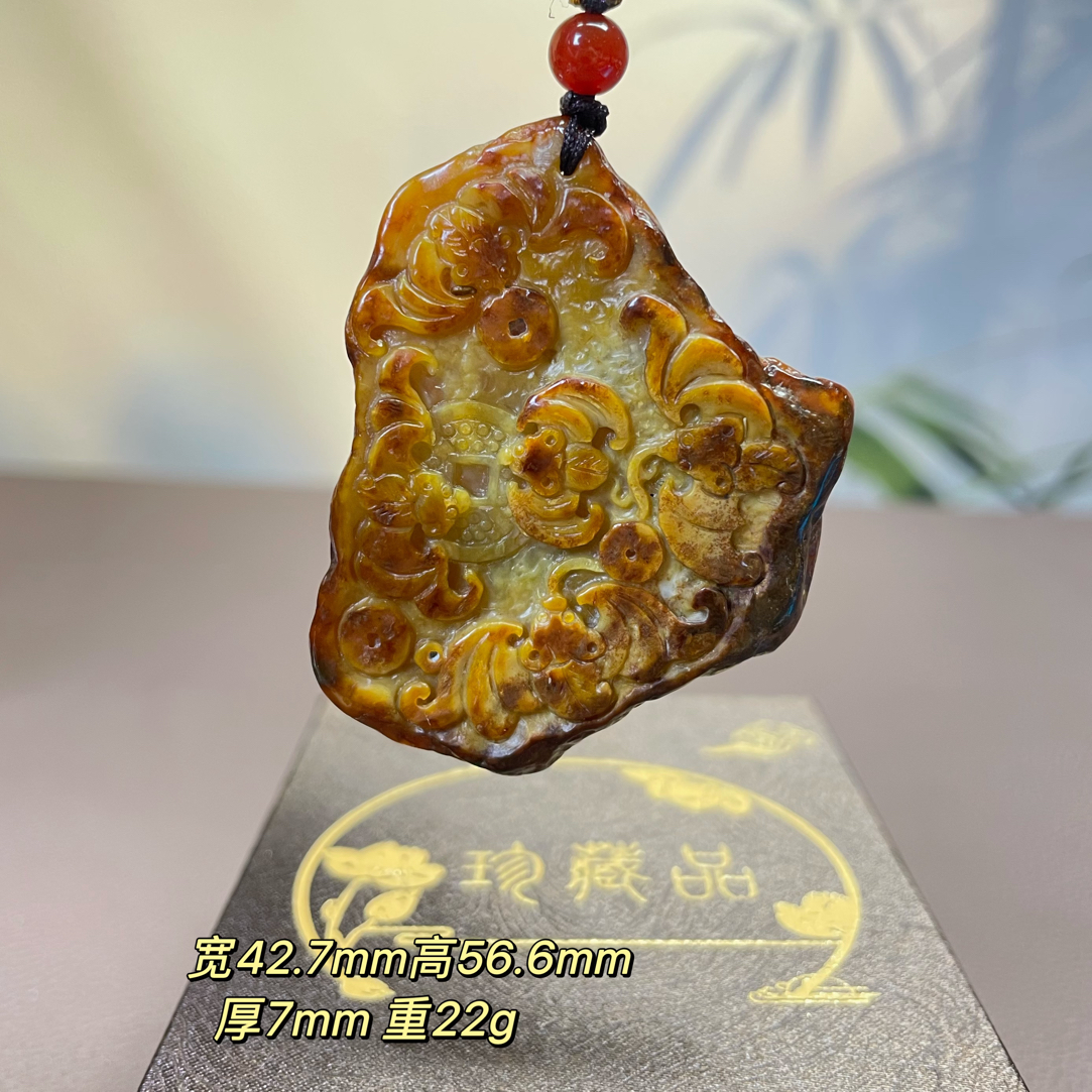天然黄白河磨玉吊坠五福临门福在眼前全皮挂件