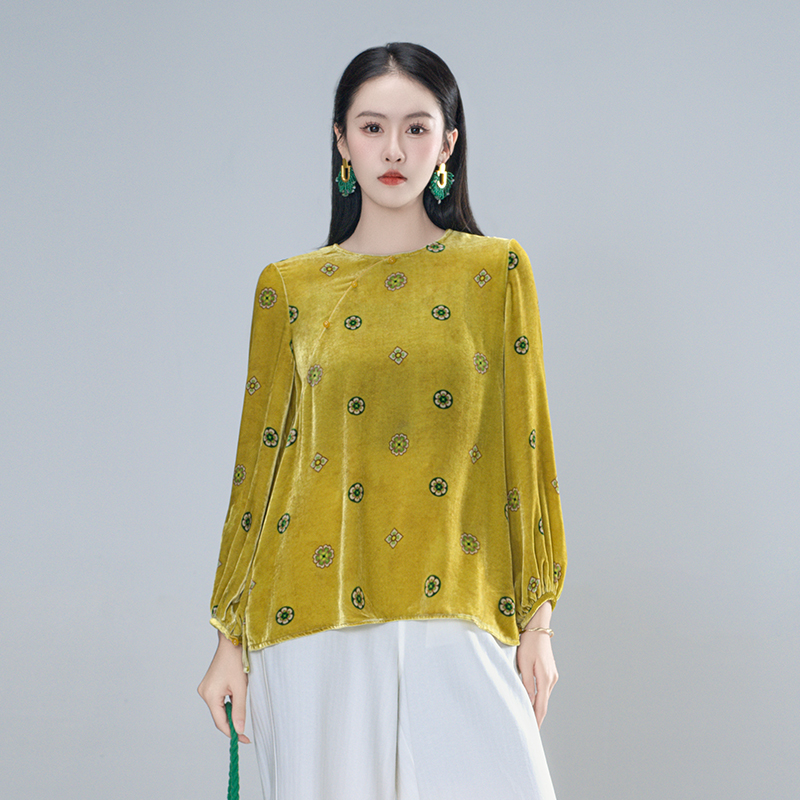 100桑蚕丝（青绿）斜襟慵懒风气质新中式减龄套头上衣--61542