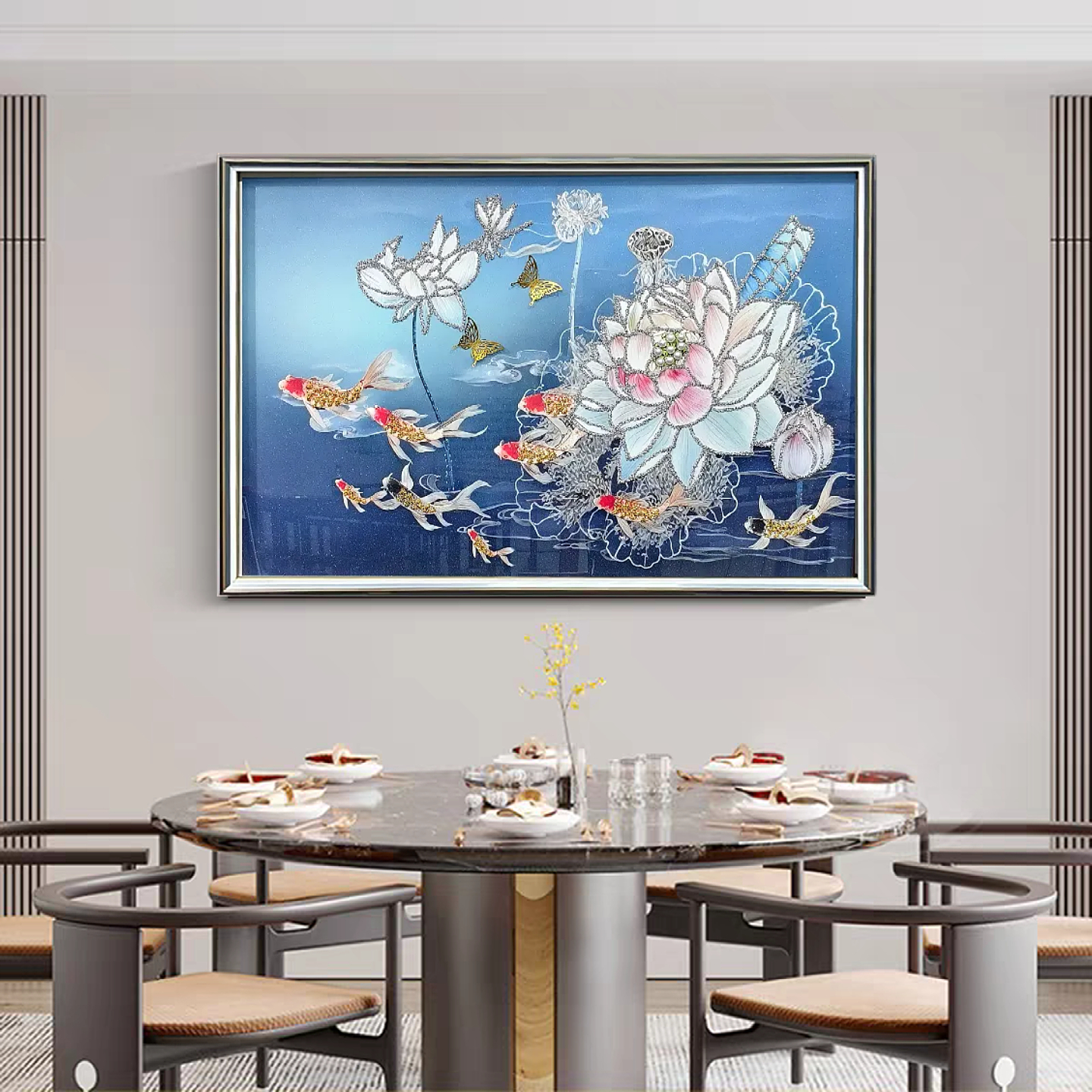 D89【九鱼荷花】餐厅画手工实物立体客厅墙锦鲤装饰画玻璃防水挂画