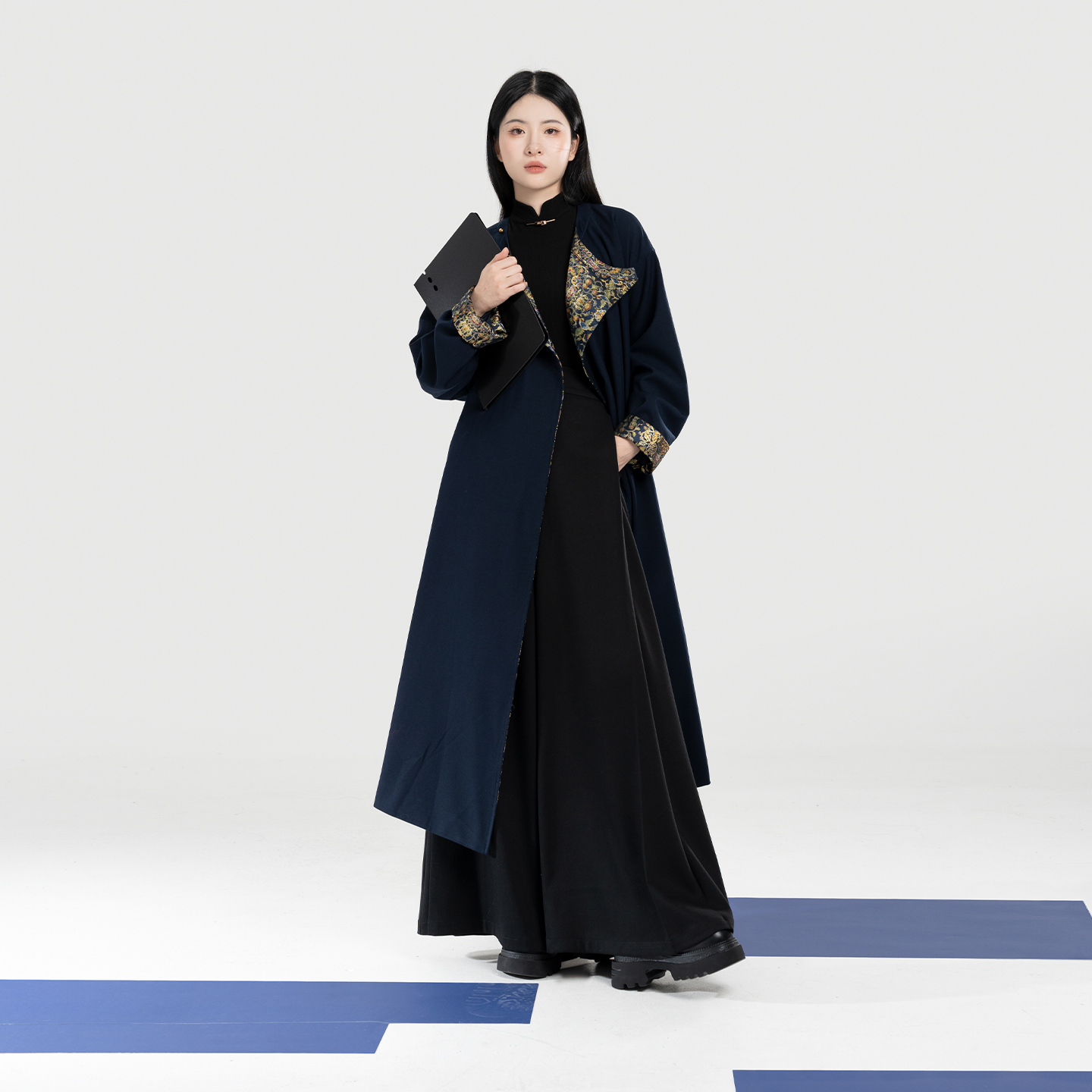 织造司[曜青]缠枝花鸟纹妆花织金改良圆领袍大衣宽松阔腿裤长裤女