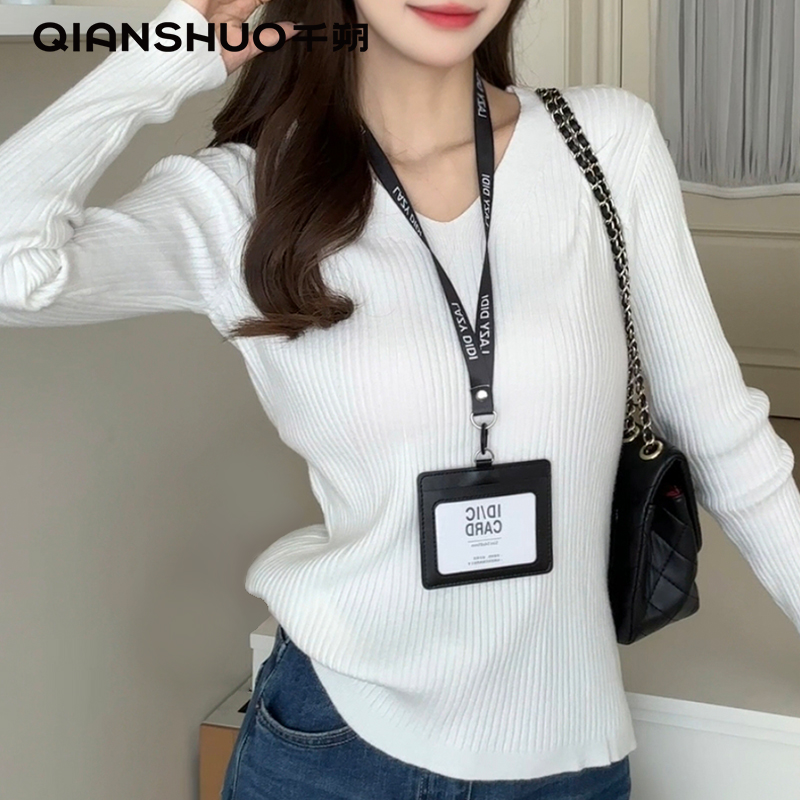 千朔气质修身百搭V领长袖针织衫女秋冬ins别致打底衫韩版内搭毛衣商品图