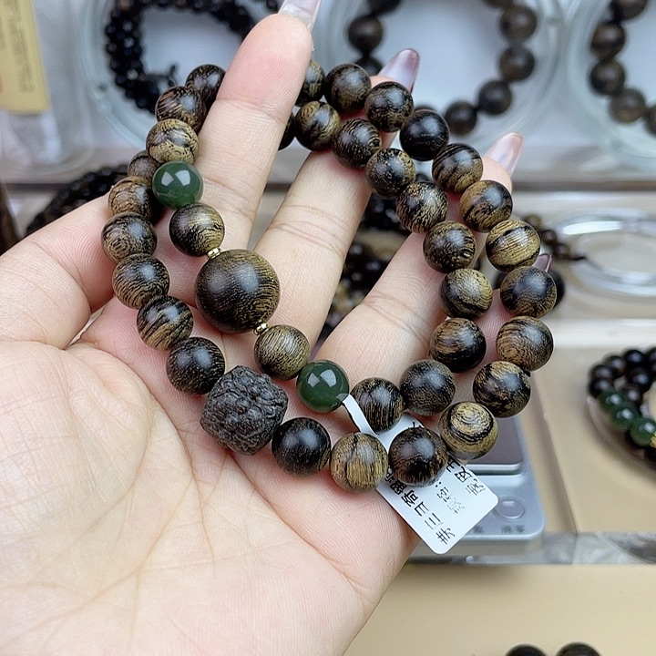 沉香手串A****型越南芽庄白奇玉化留疤嘤子虎斑