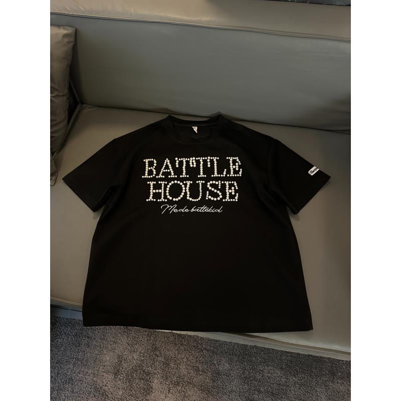 Z86 美式复古小众设计感立体珍珠字母短袖T恤