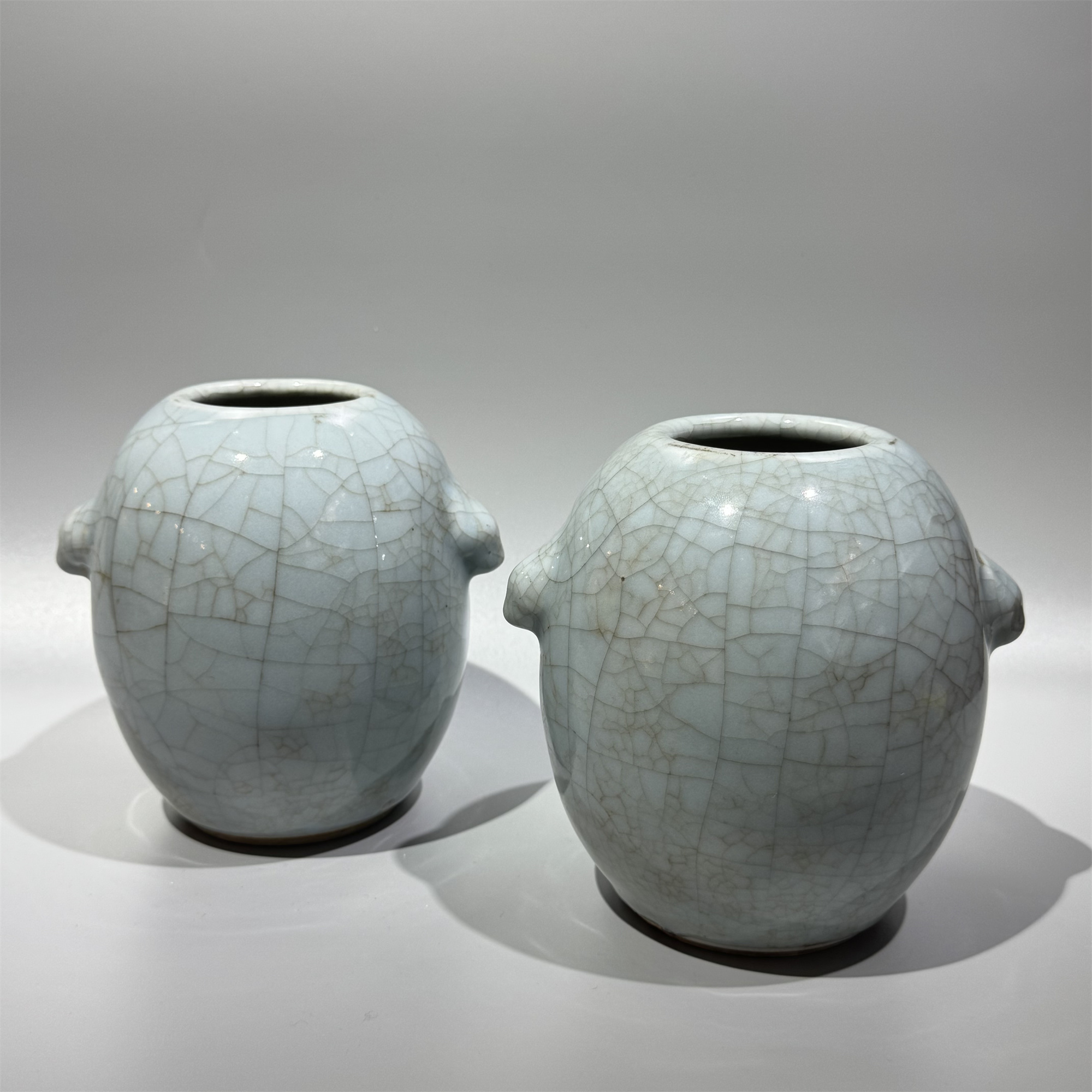 QW3-6清晚期·蓝哥釉兽耳尊一对【古董拍卖】