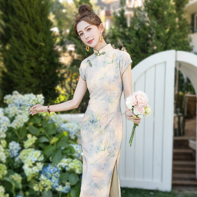 丝柏舍2025夏季新款女装国风新中式立领中长款旗袍裙S52B1990L