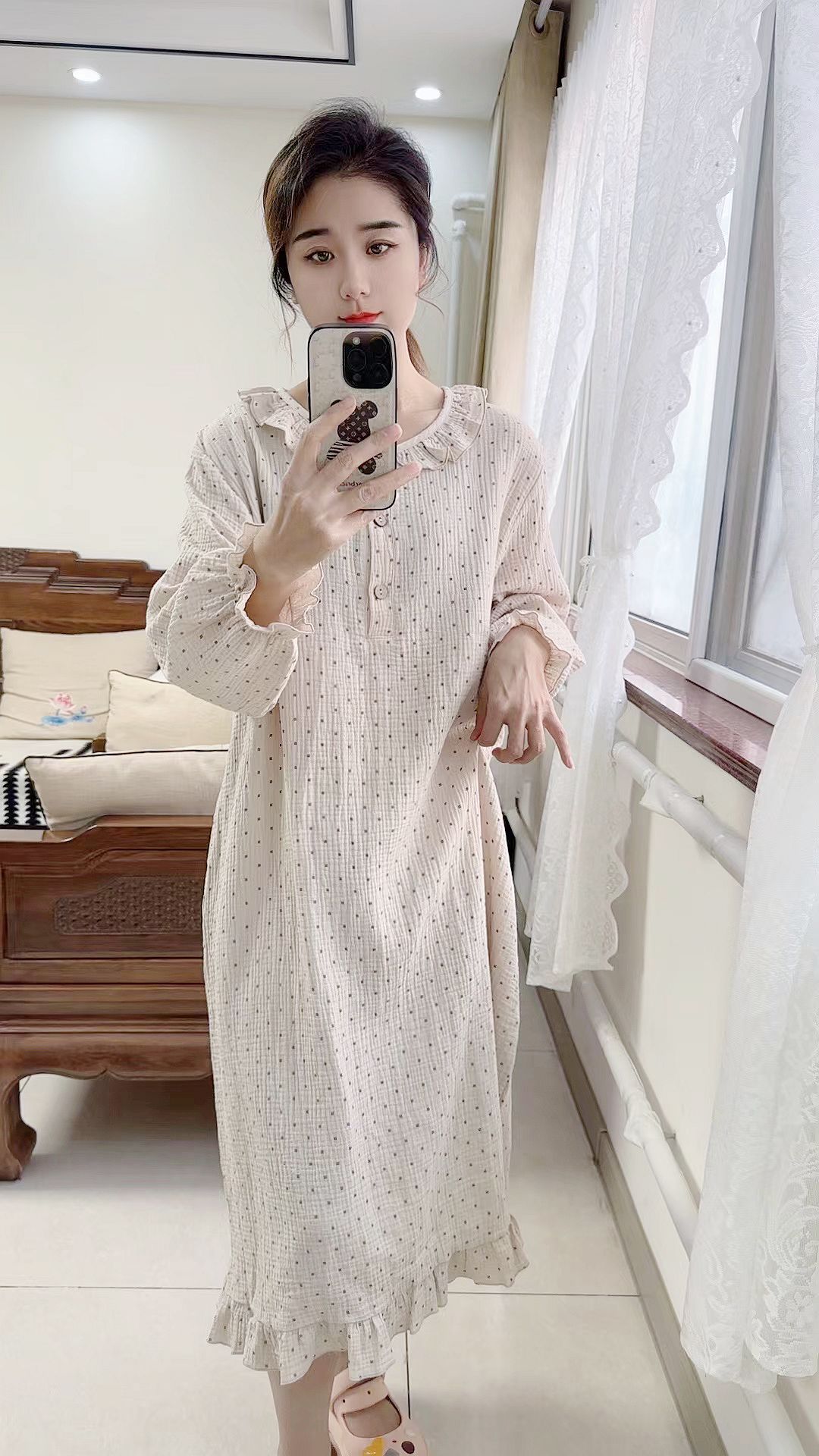 经典圆点睡裙女士春秋夏季纯棉纱布薄款宽松长袖家居服睡衣裙子