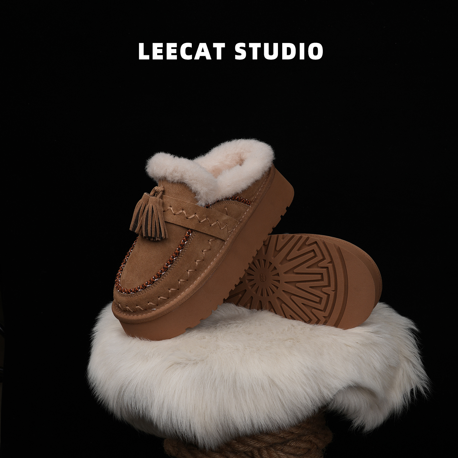 LeeCat Studio厚底雪地靴半拖女2025冬季新款防滑加绒毛毛鞋
